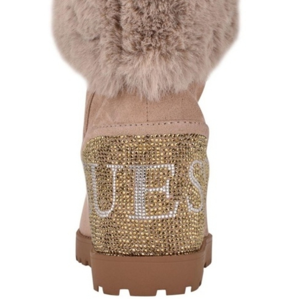Guess Women's Beige Fur-Trimmed Wedge Boots with Gold Accents 9.5 - Picture 3 of 4